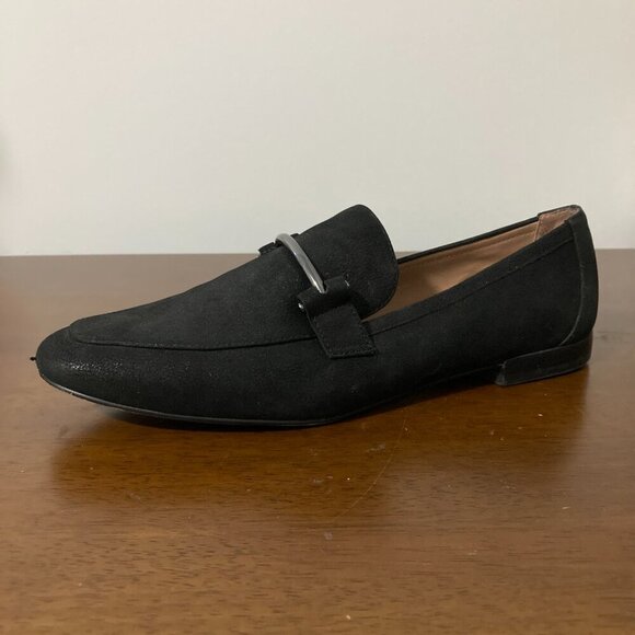 Linea Paolo Womens 9 1/2M Black Flat Loafters Silver Buckle Suede Classic Preppy - Picture 13 of 14